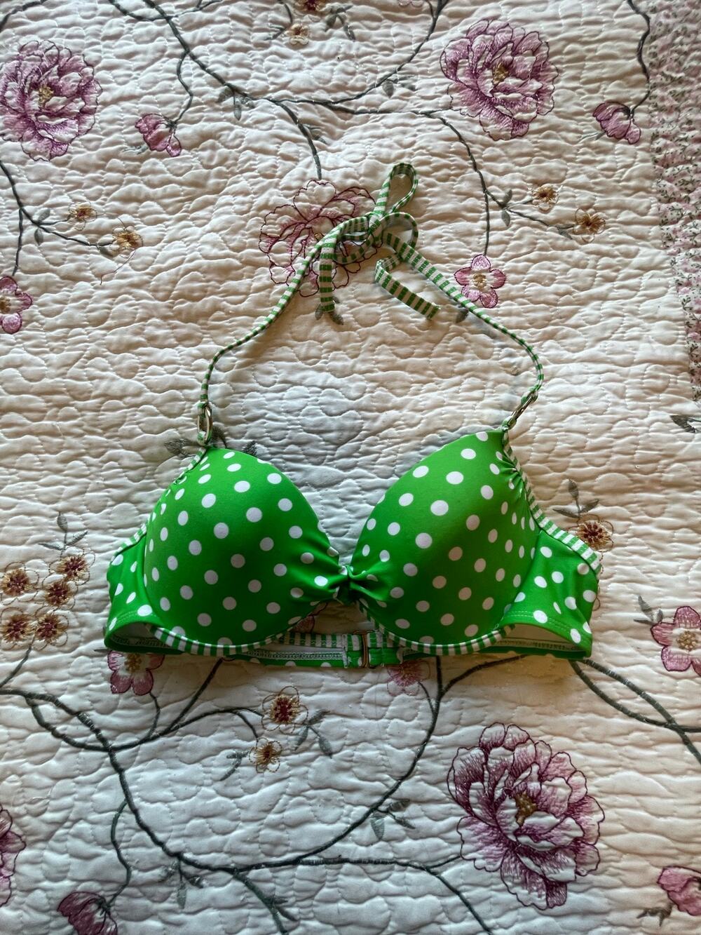 green and white polka dot swim top